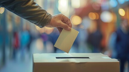 A person casting their vote into a ballot box, exercising their democratic right.