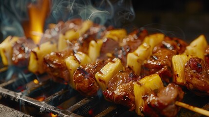 Pork barbeque with fresh pineapple on grill