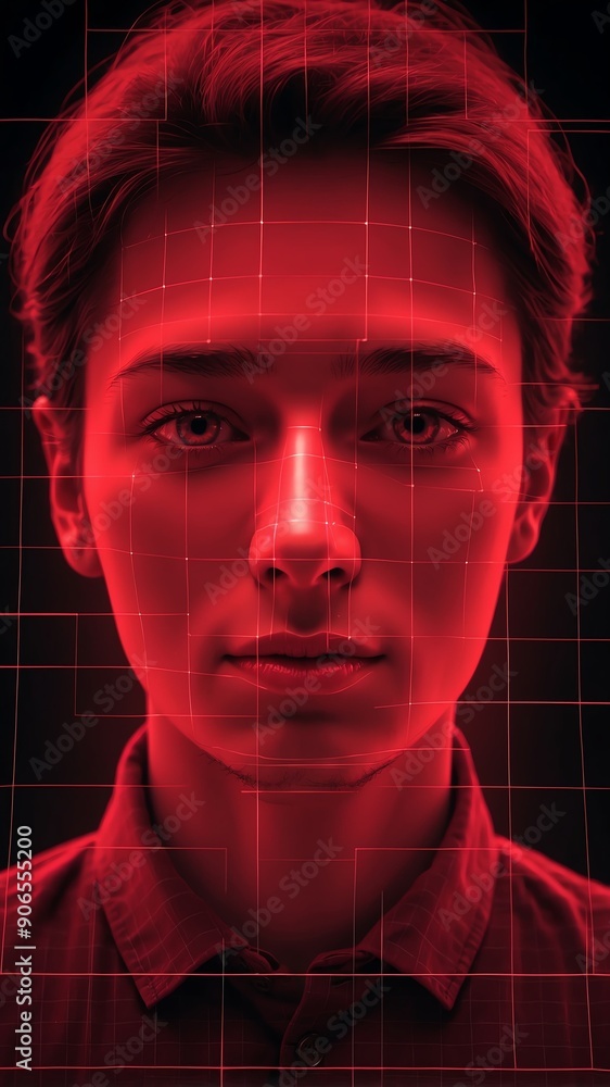 Poster red hologram human face projection grid technology abstract background with copy space