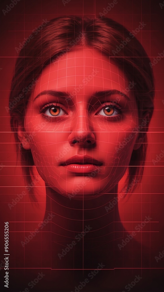 Poster red hologram human face projection grid technology abstract background with copy space