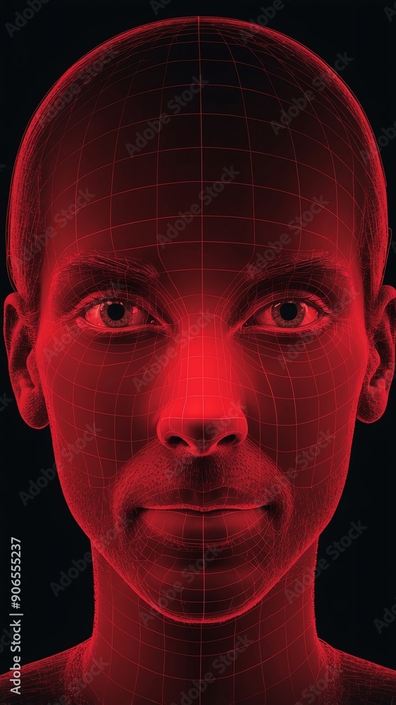 Poster red hologram human face projection grid technology abstract background with copy space