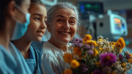 A happy patient holding a bouquet of flowers, smiling and surrounded by family, celebrating recovery in a hospital room