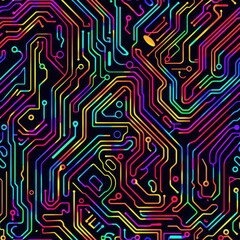 Obraz premium Seamless pattern of smooth glowing circuit lines in a vibrant neon color scheme