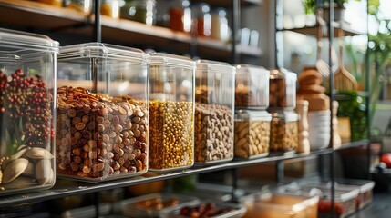 large, durable food container designed for bulk storage of ingredients, featuring a clear, stackable design for easy access and organization in a pantry or warehouse.