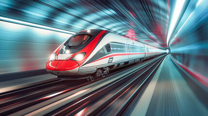 Fototapeta premium High speed rail with motion blur in a tunnel with neon light, Futuristic urban transit