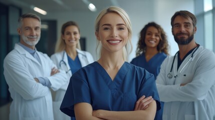 Fototapeta premium A group of doctors and nurses standing confidently in a hospital, their smiles reflecting the successful teamwork and leadership that drives their healthcare efforts