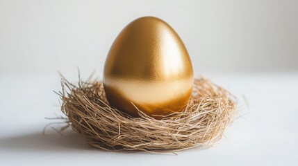 Obraz premium large golden egg in a nest made of straw, white background, 16:9