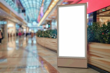 Vertical OOH out of home poster display in retail environment. Advertising digital screen in shopping mall. Out of focus bokeh effect in background.
