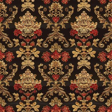 Seamless pattern of smooth intricate silk brocade with gold and red floral motifs