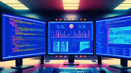 A computer with three monitors showing code and data visualizations.
