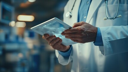 A doctor's hands operating a tablet, providing medical consultation to a patient in a hospital setting, focusing on professional healthcare support