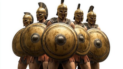 Greek spartan 300 warriors in attack position holding a gold round shield, 16:9