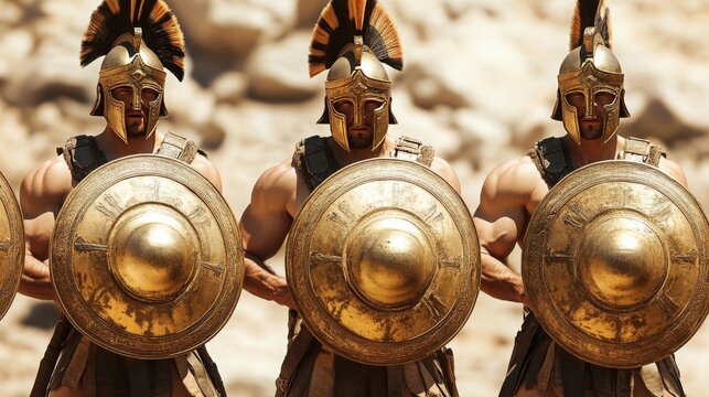 Greek spartan 300 warriors in attack position holding a gold round shield, 16:9