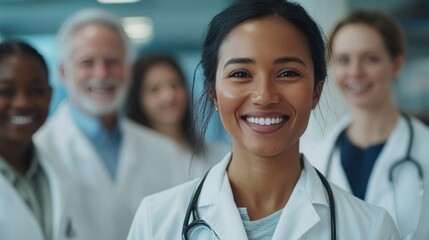 A diverse team of doctors and nurses, smiling as they stand together in a hospital, celebrating their strong leadership and collaboration in delivering quality healthcare