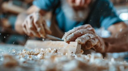 Close-up of senior man woodworking, hands carving wood