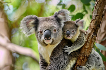 koala with baby koala on her back