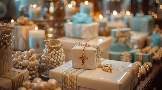  table filled with confirmation gifts, such as jewelry, religious items, and personalized keepsakes, wrapped and arranged for presentation.