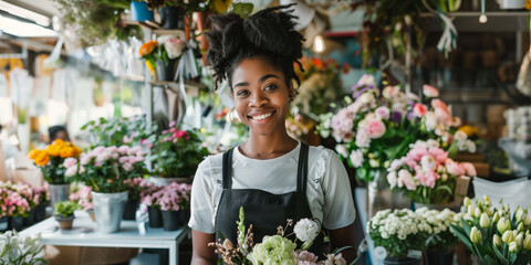 Smiling florist young black woman working in florist shop, looking at camera. Startup, small business, entrepreneur.