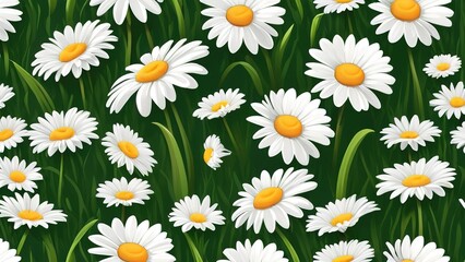 Fototapeta premium Bright daisy flowers and green grass seamless pattern, summer plants.