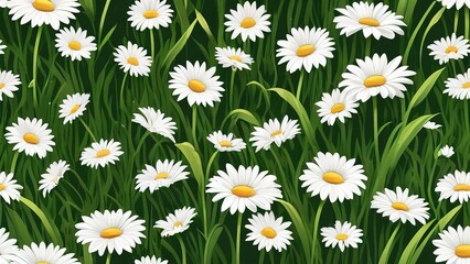 Fototapeta premium Seamless pattern of green grass and bright daisy flowers summer plants.