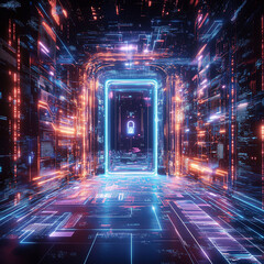 A high-tech control room filled with holographic displays, where AI security systems monitor and manage cybersecurity threats in real-time