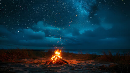 Fototapeta premium Campfire at night with a sky full of stars in background