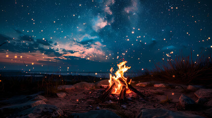 Campfire at night with a sky full of stars in background