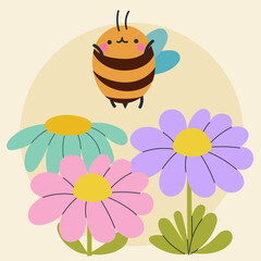 Cute kawaii bee and flowers in cartoon, flat, doodle, simple style. Design element for posters, postcards, greeting cards, wallpapers, children's clothes, fabrics, t-shirts, logos