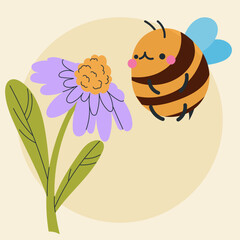 Cute kawaii bee and flowers in cartoon, flat, doodle, simple style. Design element for posters, postcards, greeting cards, wallpapers, children's clothes, fabrics, t-shirts, logos
