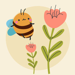 Cute kawaii bee and flowers in cartoon, flat, doodle, simple style. Design element for posters, postcards, greeting cards, wallpapers, children's clothes, fabrics, t-shirts, logos