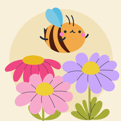 Cute kawaii bee and flowers in cartoon, flat, doodle, simple style. Design element for posters, postcards, greeting cards, wallpapers, children's clothes, fabrics, t-shirts, logos