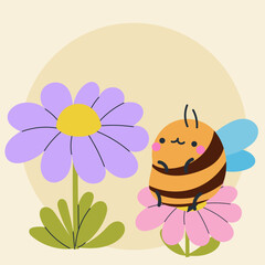 Cute kawaii bee and flowers in cartoon, flat, doodle, simple style. Design element for posters, postcards, greeting cards, wallpapers, children's clothes, fabrics, t-shirts, logos