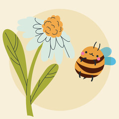 Cute kawaii bee and flowers in cartoon, flat, doodle, simple style. Design element for posters, postcards, greeting cards, wallpapers, children's clothes, fabrics, t-shirts, logos