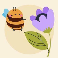 Cute kawaii bee and flowers in cartoon, flat, doodle, simple style. Design element for posters, postcards, greeting cards, wallpapers, children's clothes, fabrics, t-shirts, logos