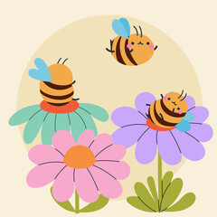Cute kawaii bee and flowers in cartoon, flat, doodle, simple style. Design element for posters, postcards, greeting cards, wallpapers, children's clothes, fabrics, t-shirts, logos
