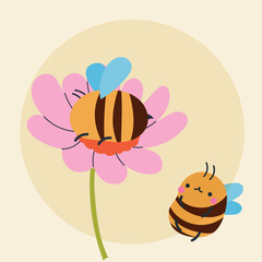 Cute kawaii bee and flowers in cartoon, flat, doodle, simple style. Design element for posters, postcards, greeting cards, wallpapers, children's clothes, fabrics, t-shirts, logos