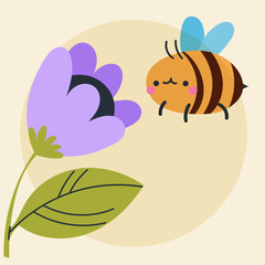 Cute kawaii bee and flowers in cartoon, flat, doodle, simple style. Design element for posters, postcards, greeting cards, wallpapers, children's clothes, fabrics, t-shirts, logos