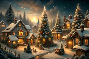 Christmas night in the city. Christmas village with Snow in vintage style. 