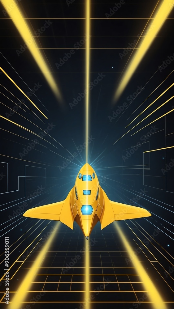 Poster yellow hologram space ship projection grid technology abstract background with copy space