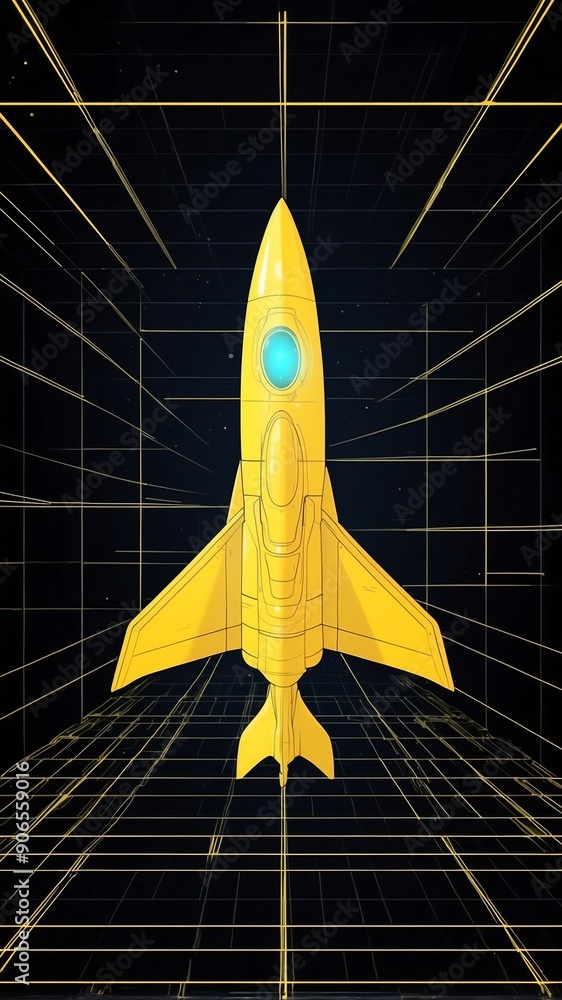 Poster yellow hologram space ship projection grid technology abstract background with copy space
