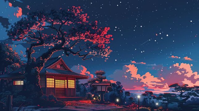 Nighttime fantasy house beside a sakura tree, illuminated by magical lights and creating a dreamy, enchanting scene with blooming ch Seamless looping 4k time-lapse virtual video animation Generated AI