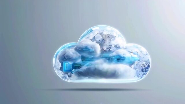 It's a cloud-shaped video with a globe inside, and a small, stylized computer inside the globe.