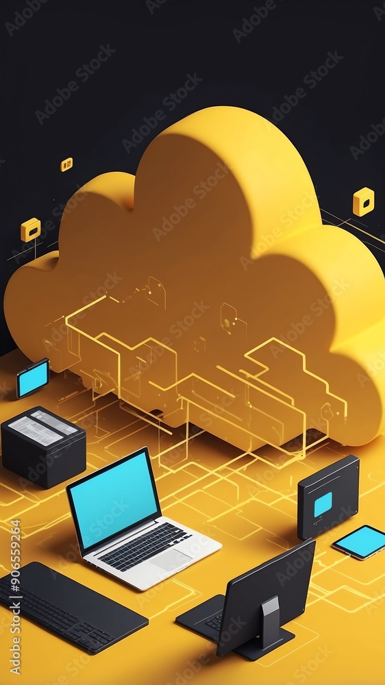 Poster yellow theme cloud computing infrastructure concept te technology abstract background with copy spac