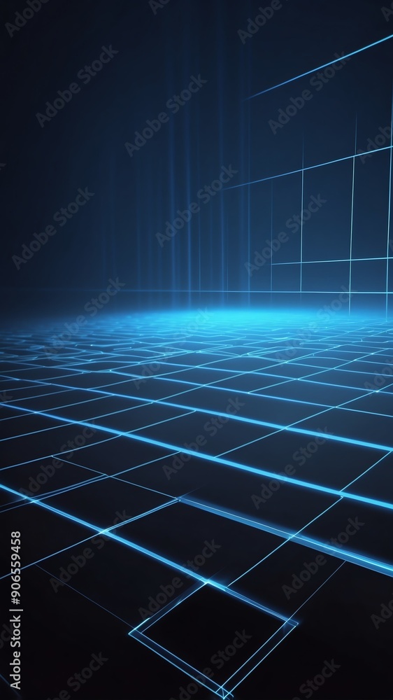 Poster blue hologram light streaks projection grid technology abstract background with copy space