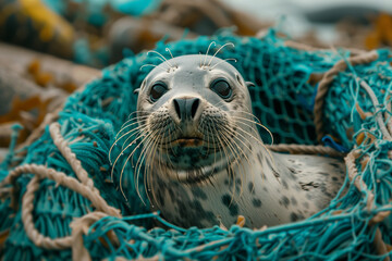 A seal pup washes up on a beach, trapped in a fishing net surrounded by plastic pollution