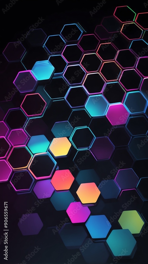 Poster colorful hologram hexagon lights projection grid techn technology abstract background with copy spac