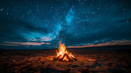 Campfire at night with a sky full of stars in background