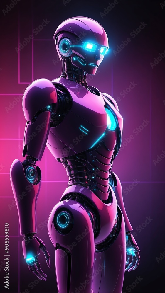 Poster colorful hologram robot humanoid projection grid techn technology abstract background with copy spac