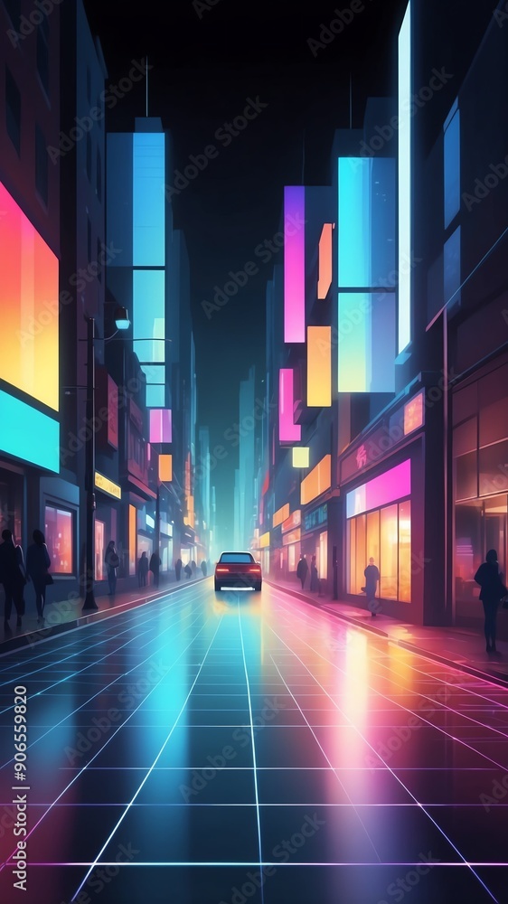 Poster colorful hologram street scene projection grid technol technology abstract background with copy spac