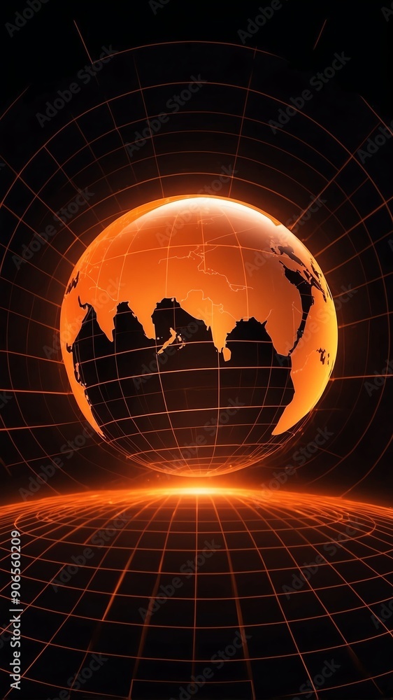 Poster orange hologram earth globe projection grid technology abstract background with copy space